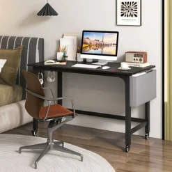 48" Mobile Computer Desk with Wheels, Home Office Workstation with Locking Casters, Reversible Storage Bag and Headphone Hooks for Bedroom