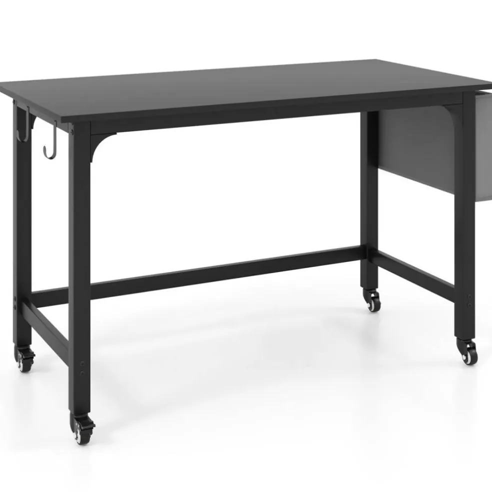 48" Mobile Computer Desk with Wheels, Home Office Workstation with Locking Casters, Reversible Storage Bag and Headphone Hooks for Bedroom