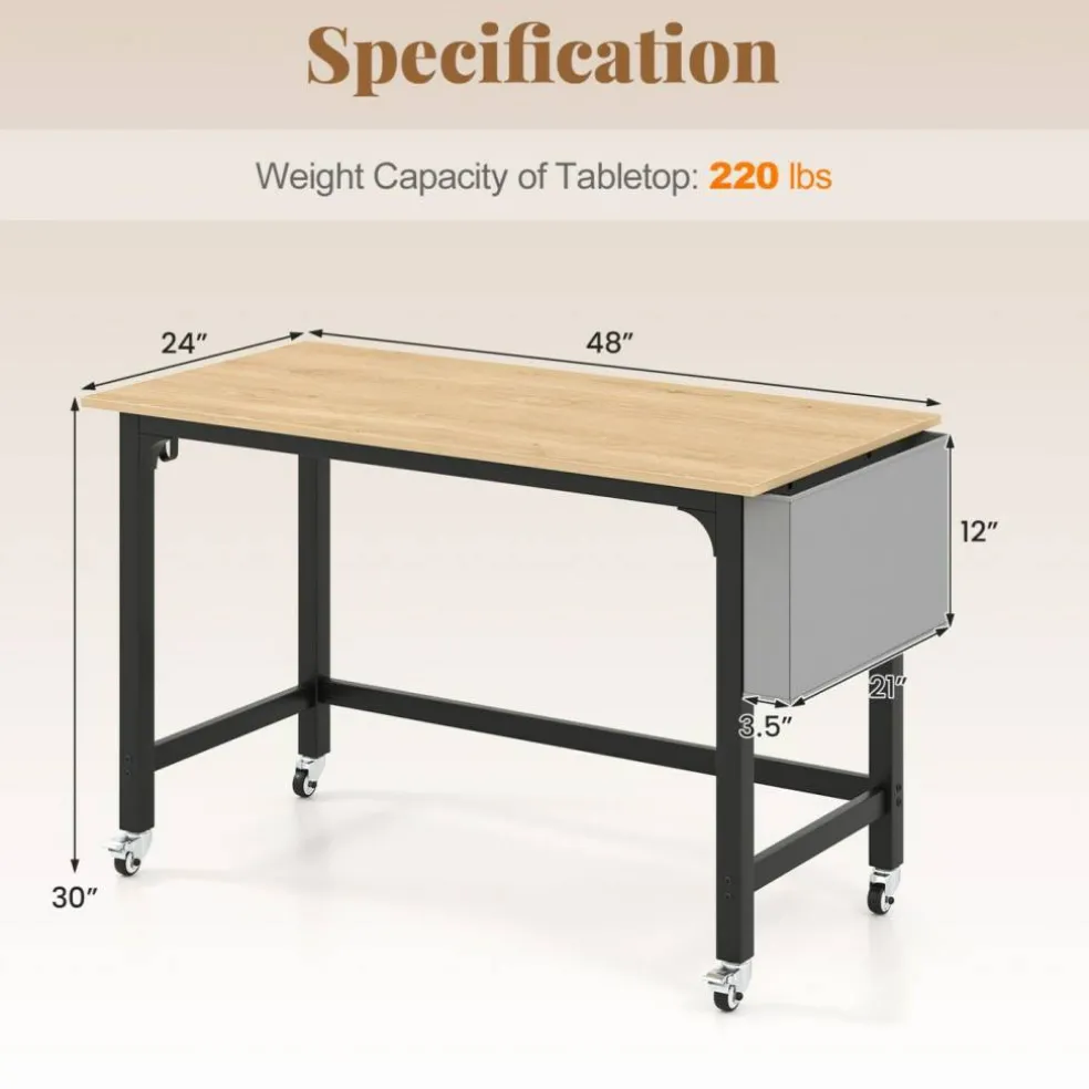 48" Mobile Computer Desk with Wheels, Home Office Workstation with Locking Casters, Reversible Storage Bag and Headphone Hooks for Bedroom