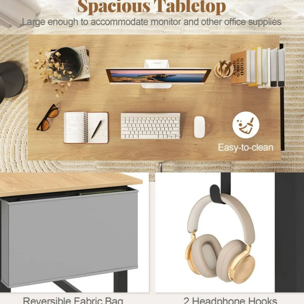 48" Mobile Computer Desk with Wheels, Home Office Workstation with Locking Casters, Reversible Storage Bag and Headphone Hooks for Bedroom