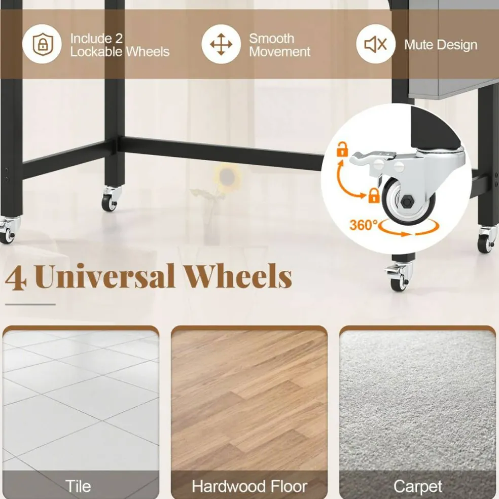 48" Mobile Computer Desk with Wheels, Home Office Workstation with Locking Casters, Reversible Storage Bag and Headphone Hooks for Bedroom
