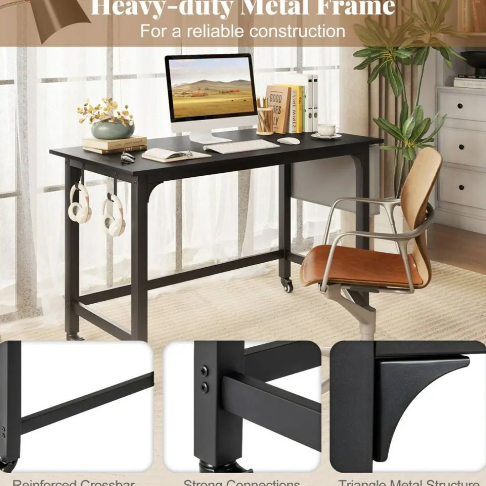 48" Mobile Computer Desk with Wheels, Home Office Workstation with Locking Casters, Reversible Storage Bag and Headphone Hooks for Bedroom