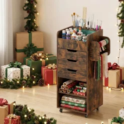 Mobile Craft Storage Cart with Drawers and Hanging Rods Wrapping Paper Organizer Rolling Storage Cabinet for Craft Room Office Use