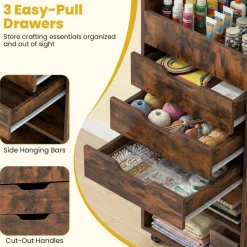 Mobile Craft Storage Cart with Drawers and Hanging Rods Wrapping Paper Organizer Rolling Storage Cabinet for Craft Room Office Use