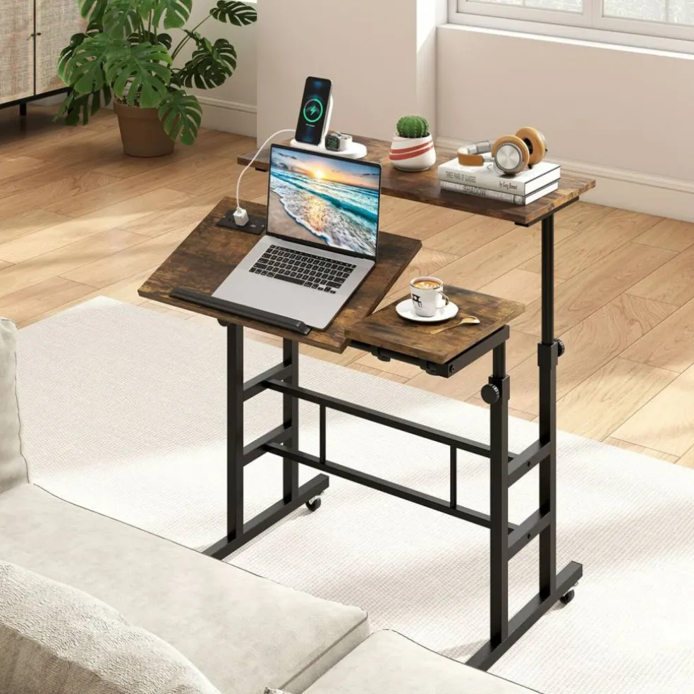 Mobile Standing Desk with Charging Station, Adjustable Sit Stand Desk with Dual Desktops, Tilting Work Surface and Lockable Wheels for Home Office
