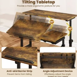Mobile Standing Desk with Charging Station, Adjustable Sit Stand Desk with Dual Desktops, Tilting Work Surface and Lockable Wheels for Home Office