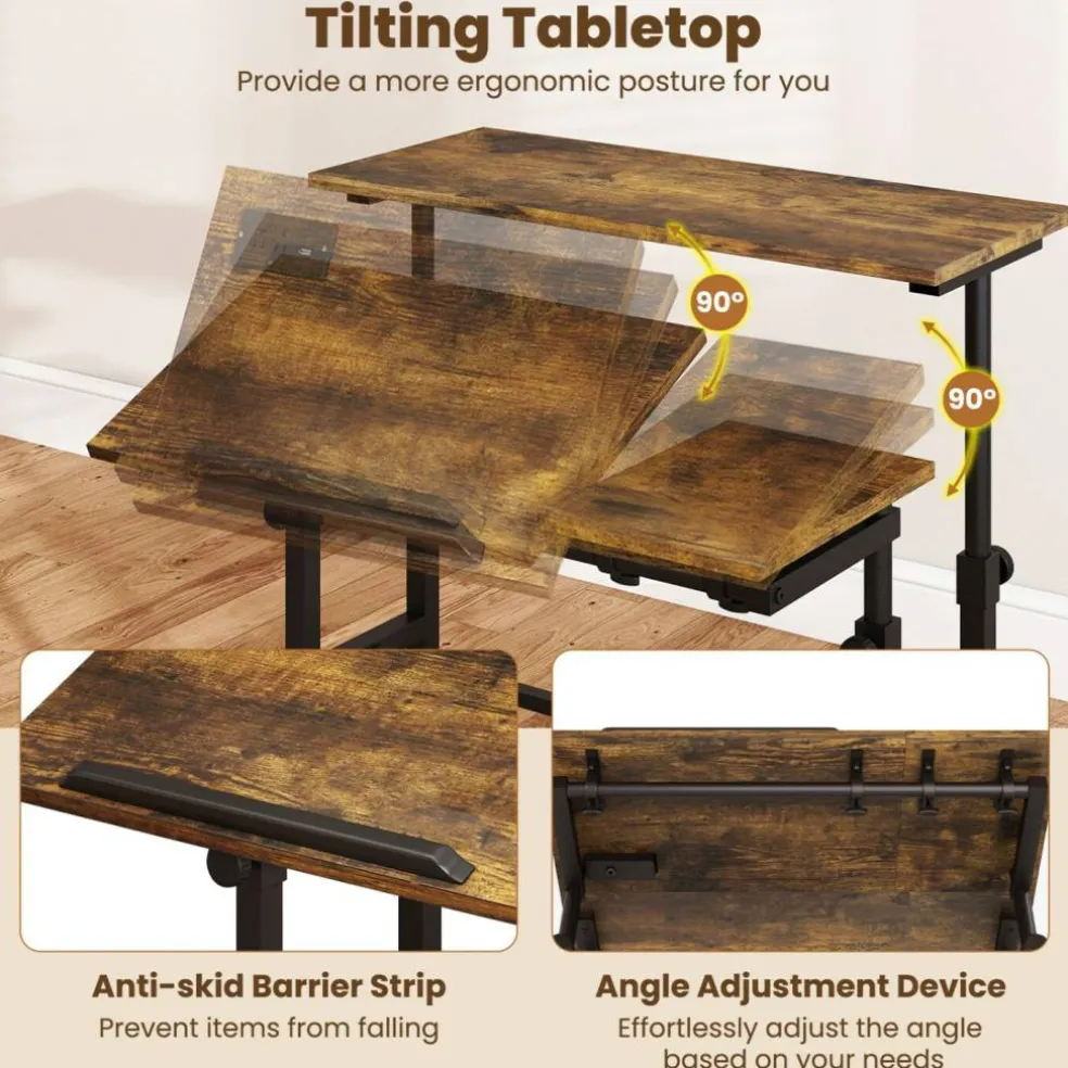 Mobile Standing Desk with Charging Station, Adjustable Sit Stand Desk with Dual Desktops, Tilting Work Surface and Lockable Wheels for Home Office