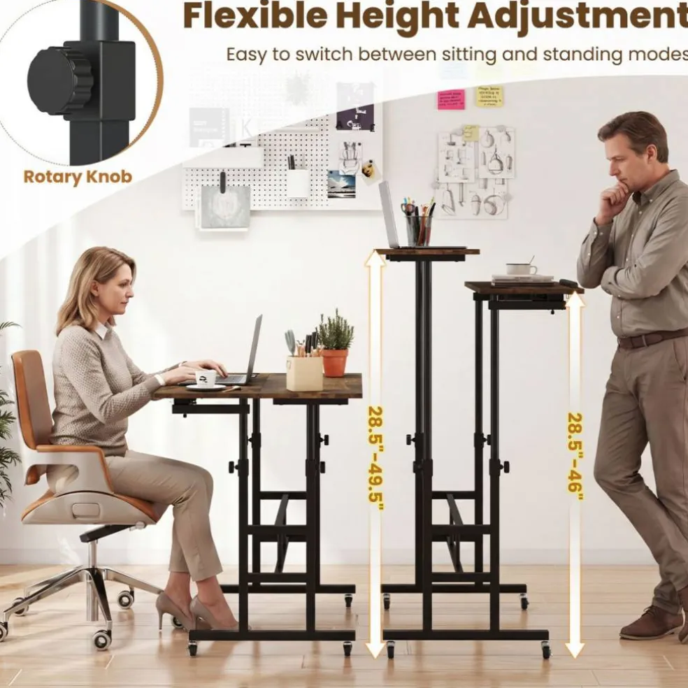 Mobile Standing Desk with Charging Station, Adjustable Sit Stand Desk with Dual Desktops, Tilting Work Surface and Lockable Wheels for Home Office