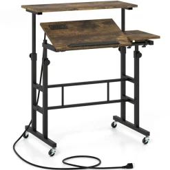 Mobile Standing Desk with Charging Station, Adjustable Sit Stand Desk with Dual Desktops, Tilting Work Surface and Lockable Wheels for Home Office