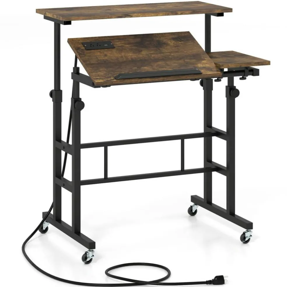 Mobile Standing Desk with Charging Station, Adjustable Sit Stand Desk with Dual Desktops, Tilting Work Surface and Lockable Wheels for Home Office