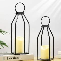 Modern Farmhouse Lantern Decor, 15'' 13'' Set of 2 Black Metal Lanterns, 2 LED 6hr Timer Flickering Flameless Candles, Lanterns Decorative for Outdoor Decor