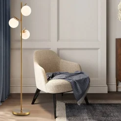 Modern Floor Lamp with 3 Glass Lampshades, Steel Frame, Weighted Base and Foot Switch, E26 Bulb Base, 66.5 Inch Tall, Golden