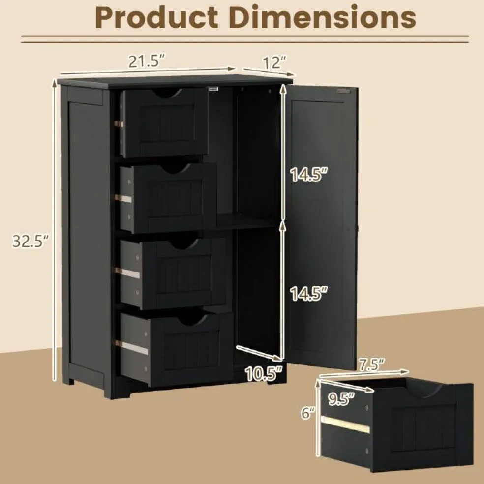 Modern MDF Storage Cabinet with 4 Drawers and Adjustable Shelf Ideal for Bathroom or Bedroom