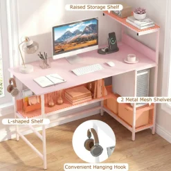 Modern Office Desk with Charging Station 48 Inch Computer Table with USB Type C Power Outlets Mesh Shelves Storage and Hook Work Desk