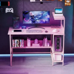 Modern Office Desk with Charging Station 48 Inch Computer Table with USB Type C Power Outlets Mesh Shelves Storage and Hook Work Desk