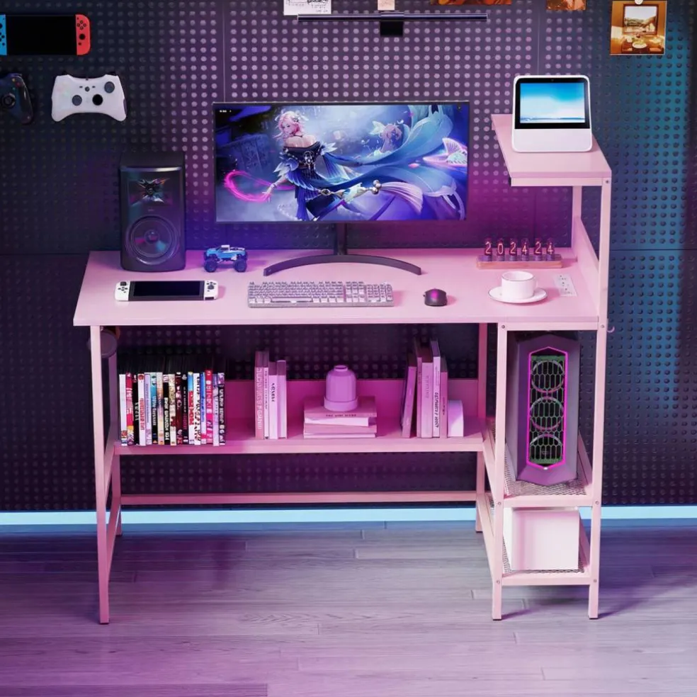 Modern Office Desk with Charging Station 48 Inch Computer Table with USB Type C Power Outlets Mesh Shelves Storage and Hook Work Desk