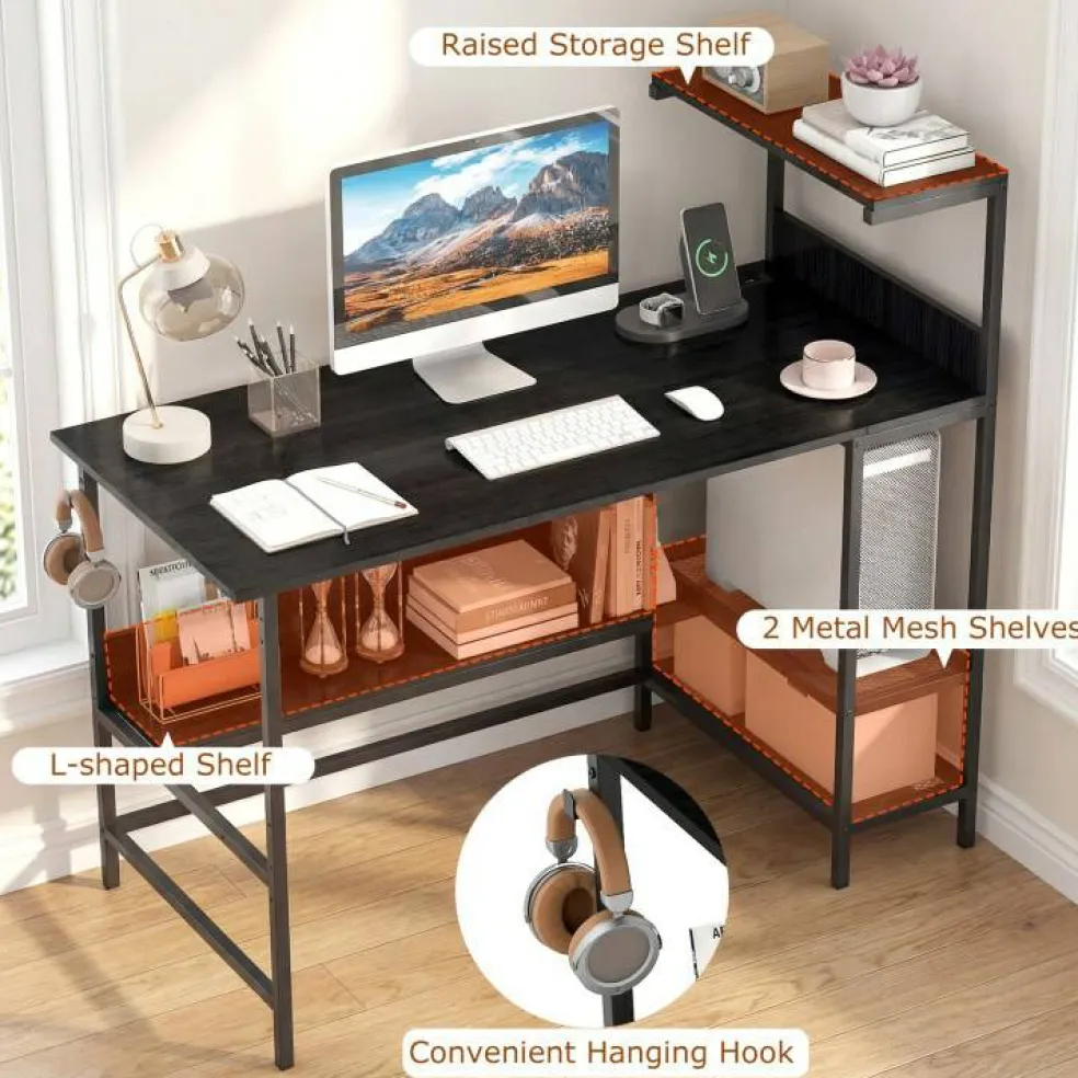 Modern Office Desk with Charging Station 48 Inch Computer Table with USB Type C Power Outlets Mesh Shelves Storage and Hook Work Desk