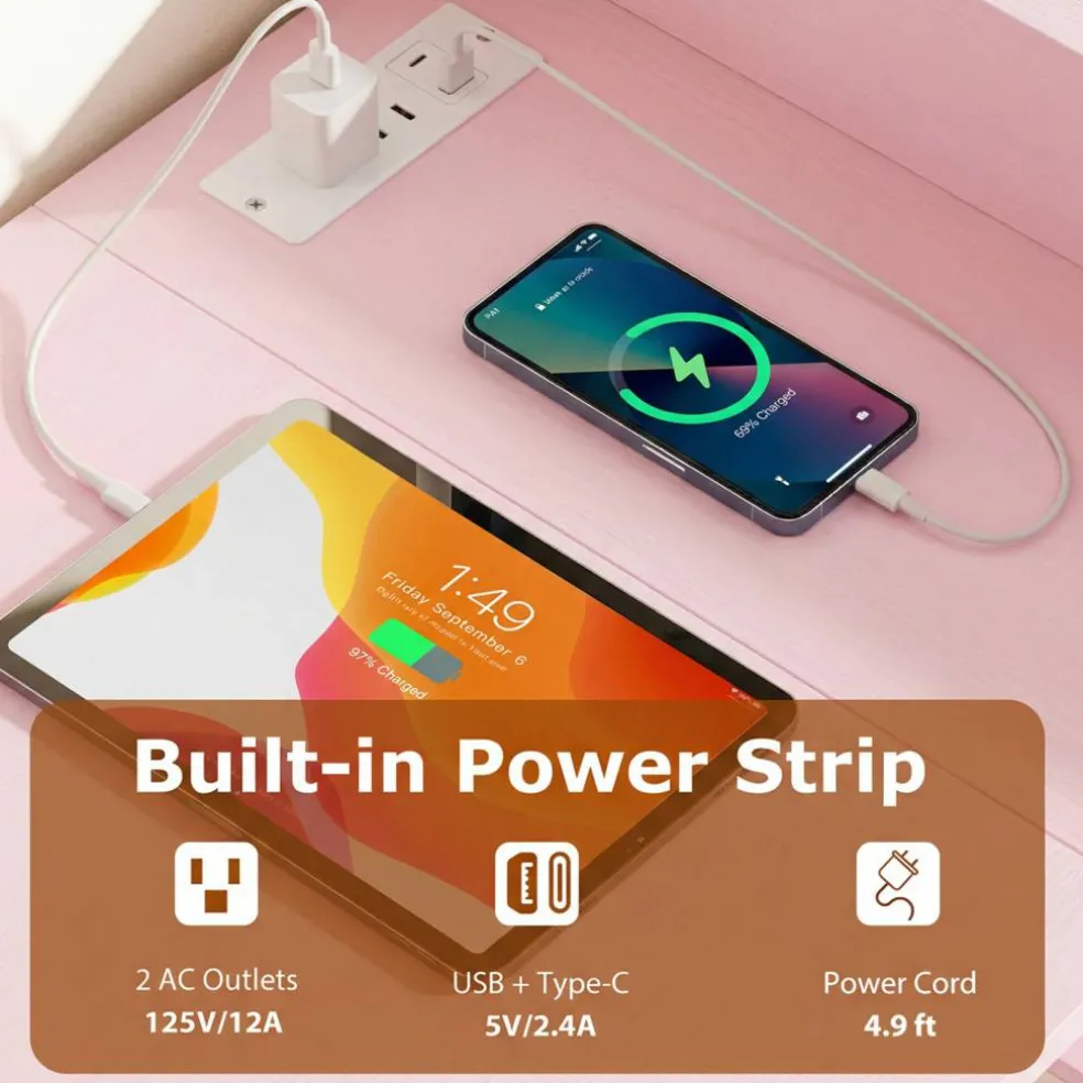 Modern Office Desk with Charging Station 48 Inch Computer Table with USB Type C Power Outlets Mesh Shelves Storage and Hook Work Desk