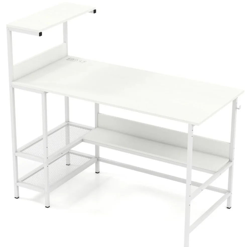 Modern Office Desk with Charging Station 48 Inch Computer Table with USB Type C Power Outlets Mesh Shelves Storage and Hook Work Desk