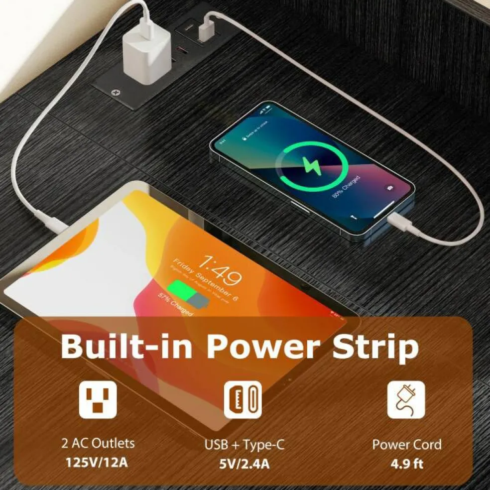 Modern Office Desk with Charging Station 48 Inch Computer Table with USB Type C Power Outlets Mesh Shelves Storage and Hook Work Desk