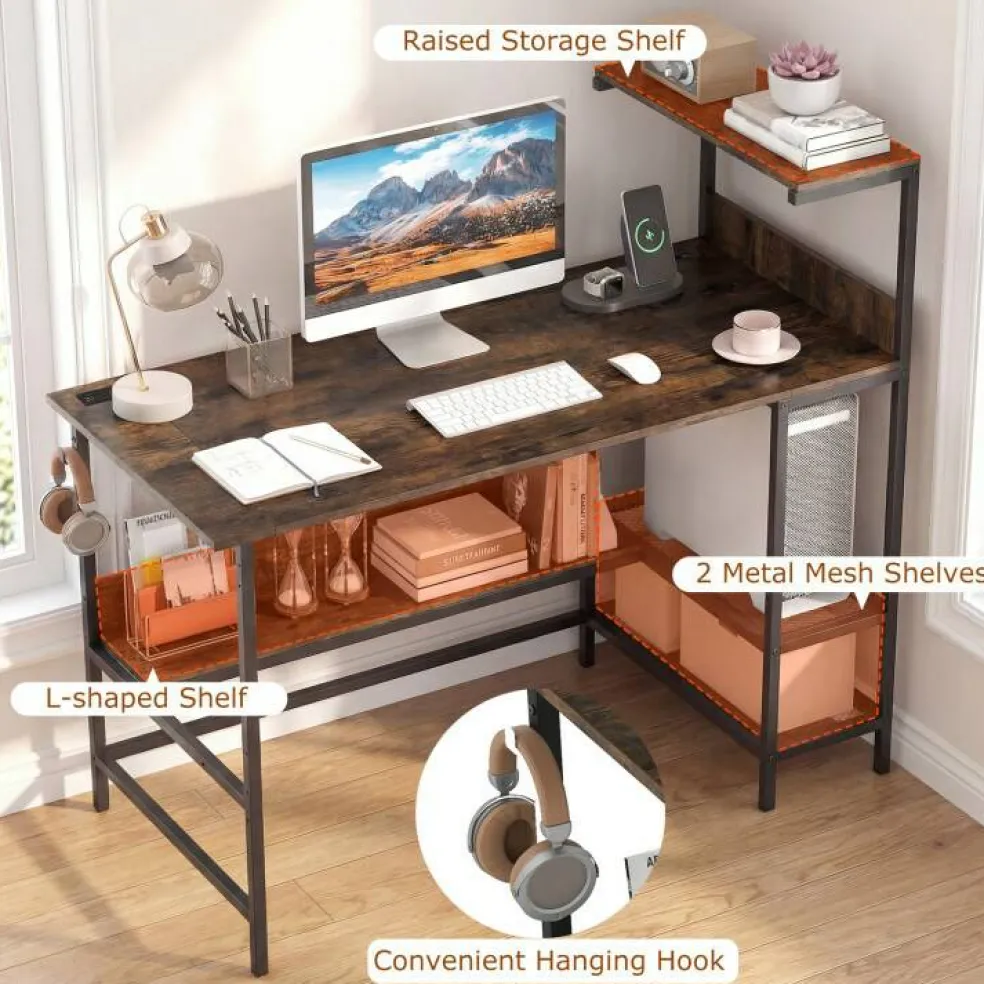 Modern Office Desk with Charging Station 48 Inch Computer Table with USB Type C Power Outlets Mesh Shelves Storage and Hook Work Desk