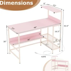 Modern Office Desk with Charging Station 48 Inch Computer Table with USB Type C Power Outlets Mesh Shelves Storage and Hook Work Desk