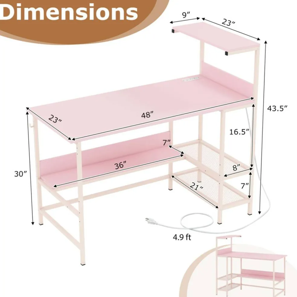 Modern Office Desk with Charging Station 48 Inch Computer Table with USB Type C Power Outlets Mesh Shelves Storage and Hook Work Desk