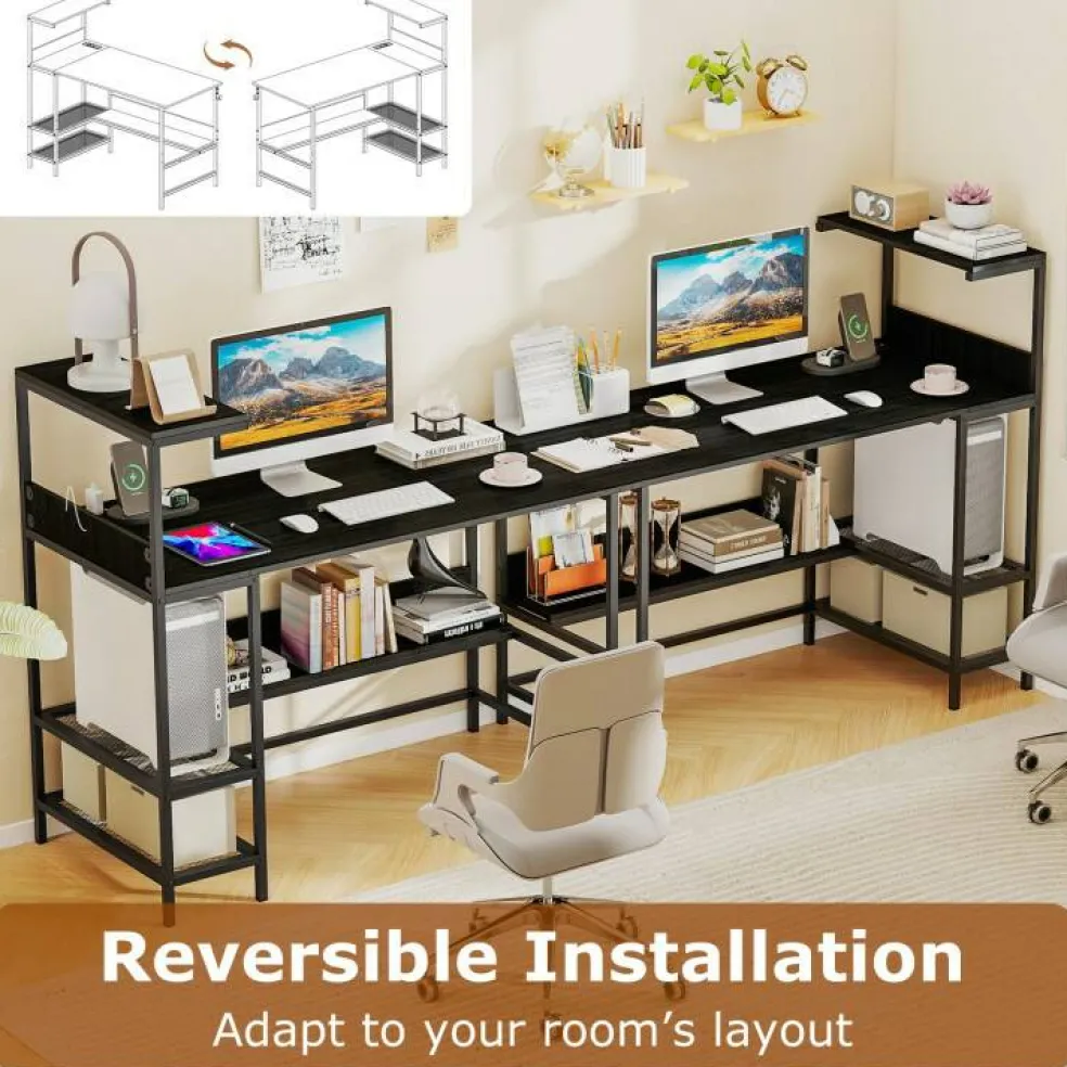 Modern Office Desk with Charging Station 48 Inch Computer Table with USB Type C Power Outlets Mesh Shelves Storage and Hook Work Desk