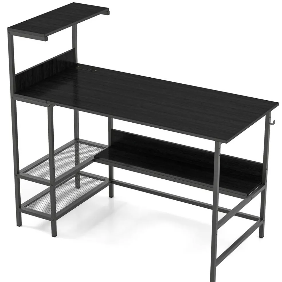 Modern Office Desk with Charging Station 48 Inch Computer Table with USB Type C Power Outlets Mesh Shelves Storage and Hook Work Desk