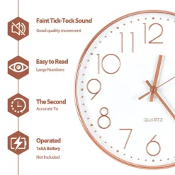 Modern Rose Gold Wall Clock, Silent Non-Ticking Quartz Clock for Living Room Bedroom Kitchen Office Decor