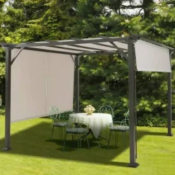 Modern 10x10 Ft Metal Frame Pergola Gazebo with Beige Retractable Canopy for Backyard Patio