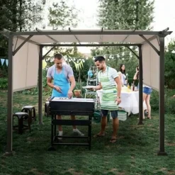 Modern 10x10 Ft Metal Frame Pergola Gazebo with Beige Retractable Canopy for Backyard Patio