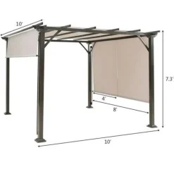 Modern 10x10 Ft Metal Frame Pergola Gazebo with Beige Retractable Canopy for Backyard Patio