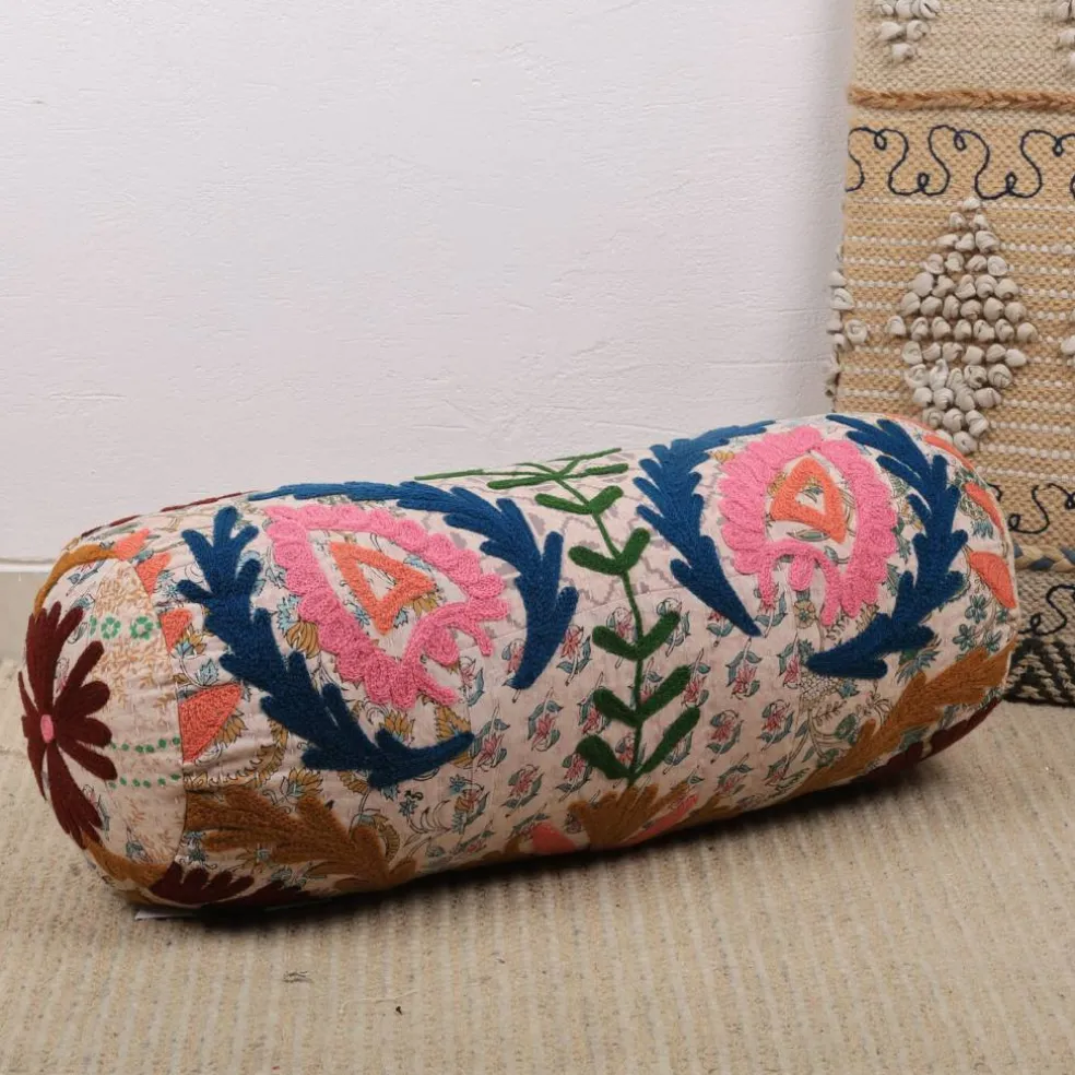 Multicolor Embroidered Bolster Pillow – Aari Wool Patchwork Decorative Cushion | 21x8 In
