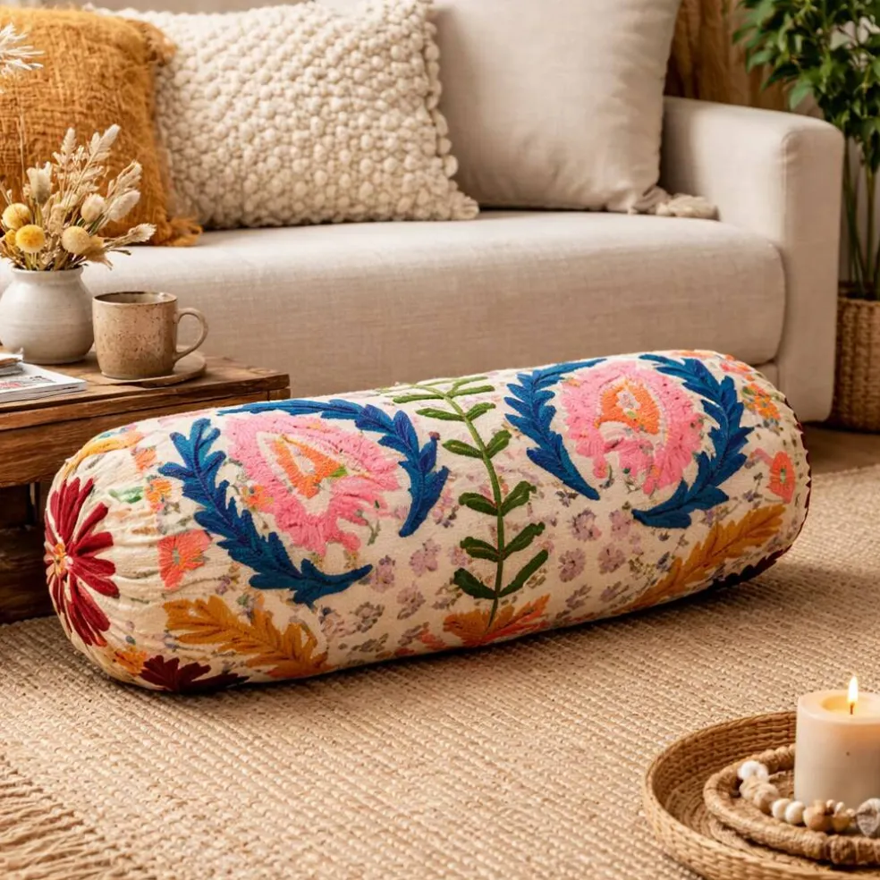 Multicolor Embroidered Bolster Pillow – Aari Wool Patchwork Decorative Cushion | 21x8 In