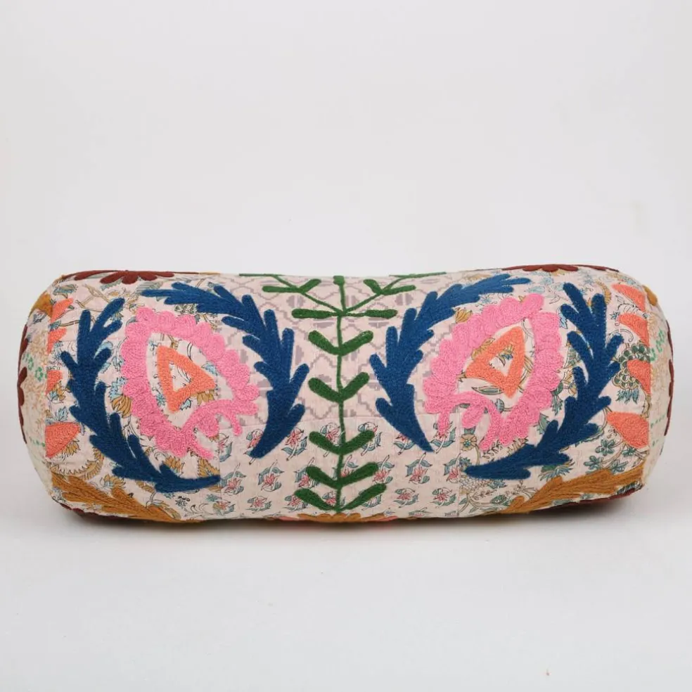 Multicolor Embroidered Bolster Pillow – Aari Wool Patchwork Decorative Cushion | 21x8 In