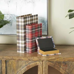 Multicolor Geometric Faux Book Storage Decorative Box with Plaid Inspired Pattern Set