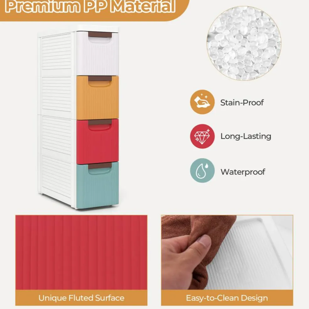 Multicolor PP Slim 4-Drawer Storage Cabinet with Wheels for Narrow Spaces