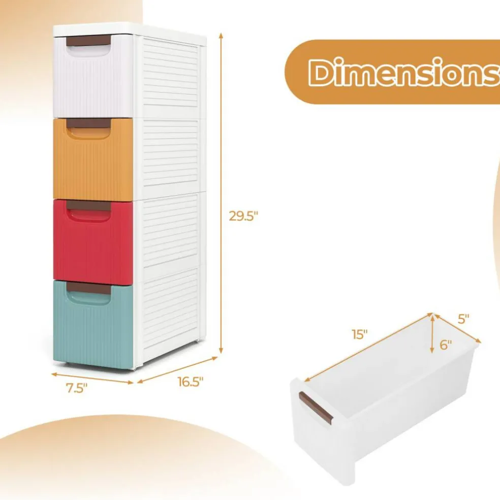 Multicolor PP Slim 4-Drawer Storage Cabinet with Wheels for Narrow Spaces