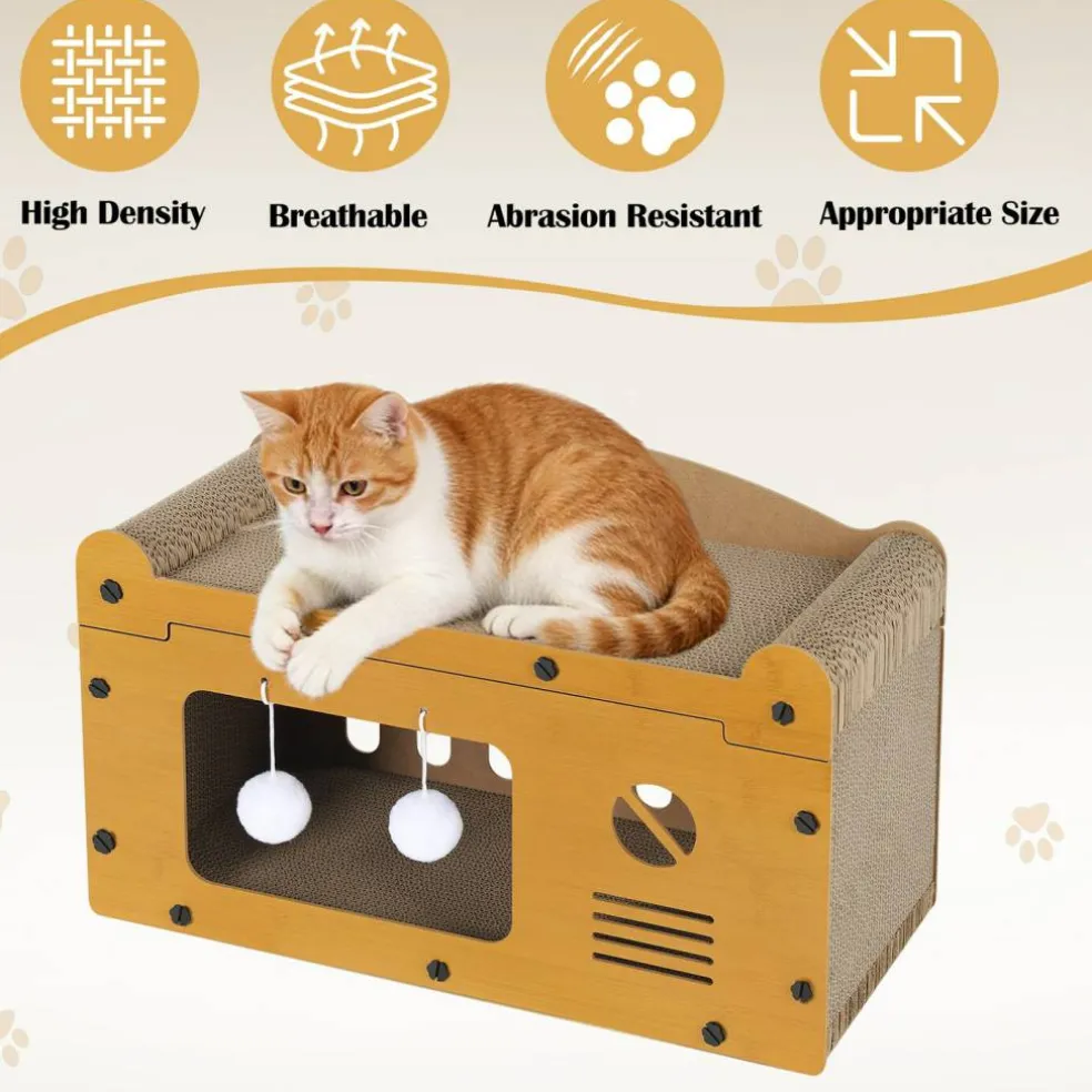 Multi-Functional Cat Scratcher House, Corrugated Cardboard Cat Bed with Hanging Pom-Pom Toys