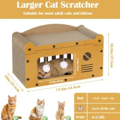 Multi-Functional Cat Scratcher House, Corrugated Cardboard Cat Bed with Hanging Pom-Pom Toys