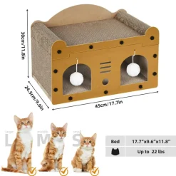 Multi-Functional Cat Scratcher House, Corrugated Cardboard Cat Bed with Hanging Toys