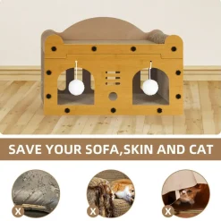 Multi-Functional Cat Scratcher House, Corrugated Cardboard Cat Bed with Hanging Toys