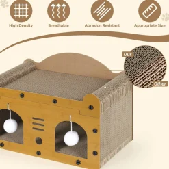 Multi-Functional Cat Scratcher House, Corrugated Cardboard Cat Bed with Hanging Toys