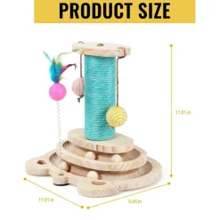 Multifunctional Interactive Cat Toy, Wooden Turntable Ball Toy with Sisal Scratcher Post and Feather Teaser