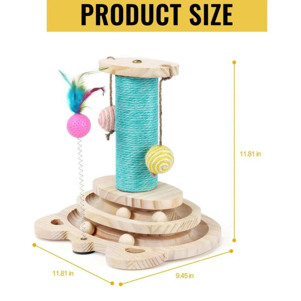 Multifunctional Interactive Cat Toy, Wooden Turntable Ball Toy with Sisal Scratcher Post and Feather Teaser