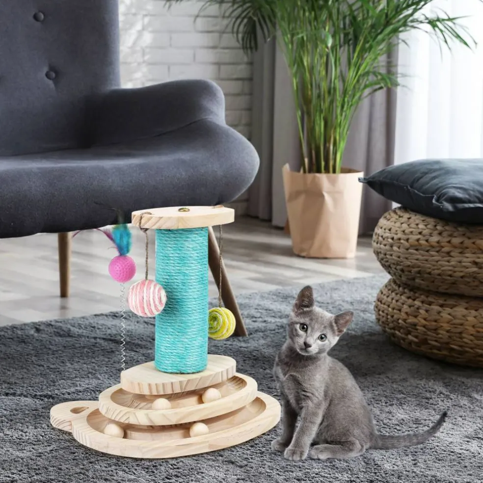 Multifunctional Interactive Cat Toy, Wooden Turntable Ball Toy with Sisal Scratcher Post and Feather Teaser
