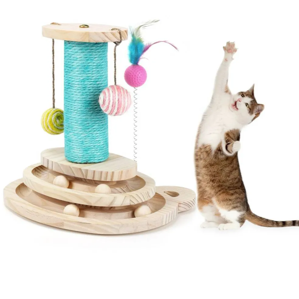 Multifunctional Interactive Cat Toy, Wooden Turntable Ball Toy with Sisal Scratcher Post and Feather Teaser