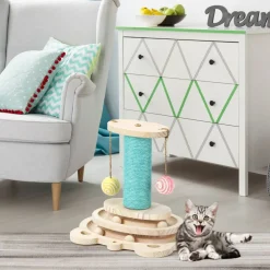 Multifunctional Interactive Cat Toy, Wooden Turntable Ball Toy with Sisal Scratcher Post and Feather Teaser