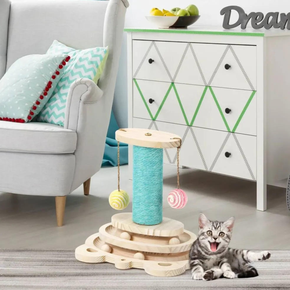 Multifunctional Interactive Cat Toy, Wooden Turntable Ball Toy with Sisal Scratcher Post and Feather Teaser